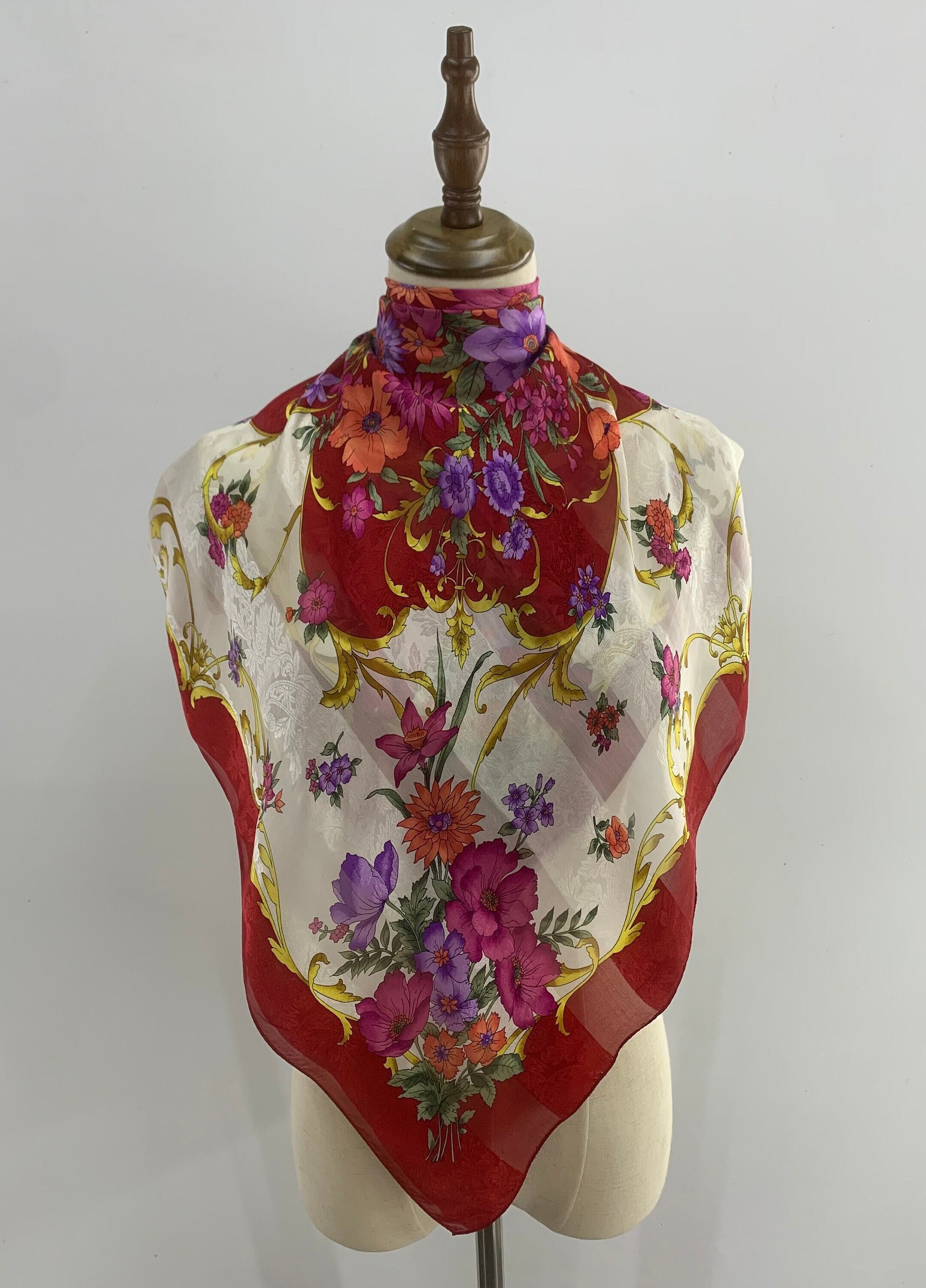 Vintage Silk Scarf Floral Accessories Women Silk Bandana Classic