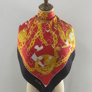 Vintage Celine Paris Silk Scarf Chain Print Head Scarf Unisex Accessories Shawl Square Foulards Scarves Neckerchief Wrap Bandana Neckwear