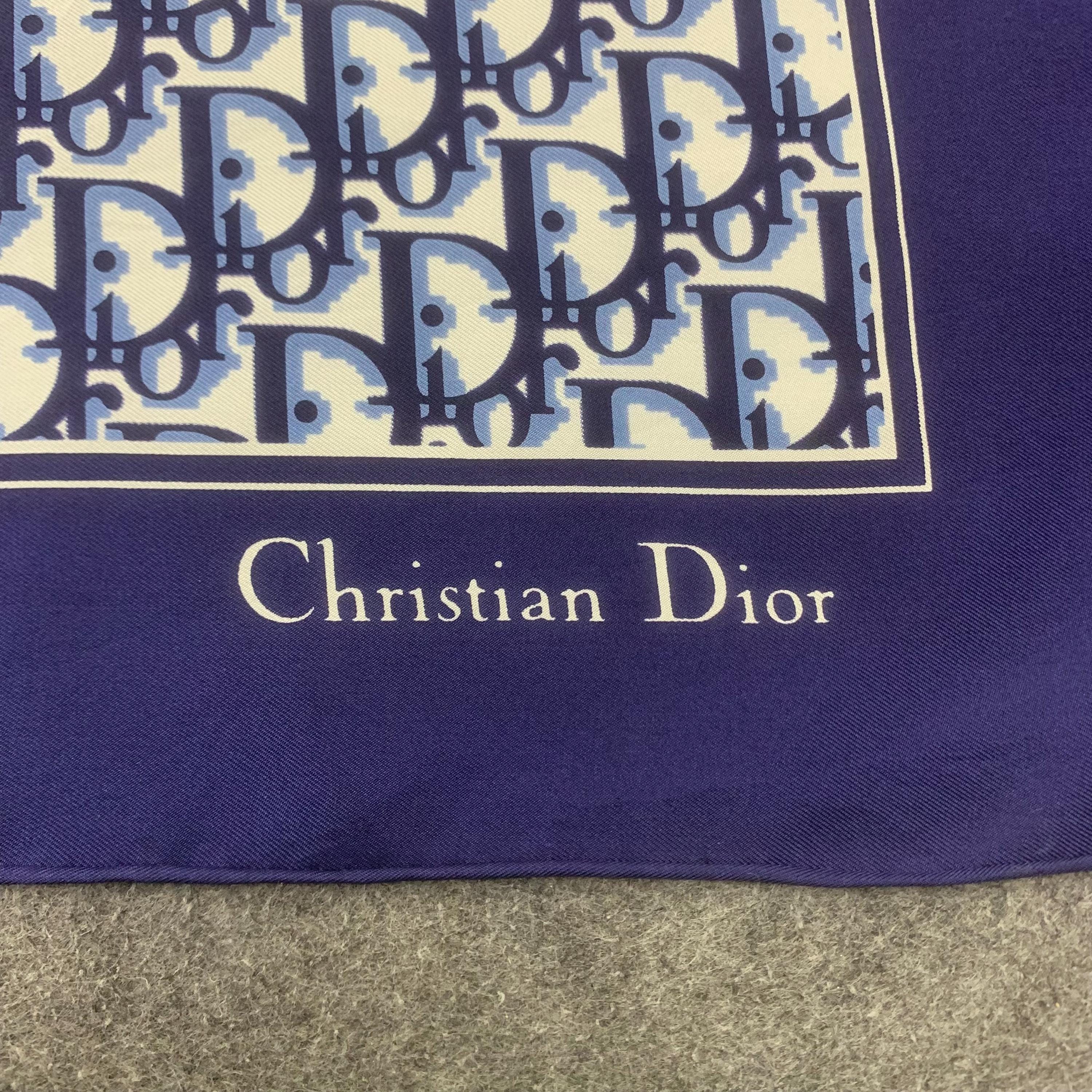 Vintage Christian Dior Silk Scarf Blue Monogram Pattern Head
