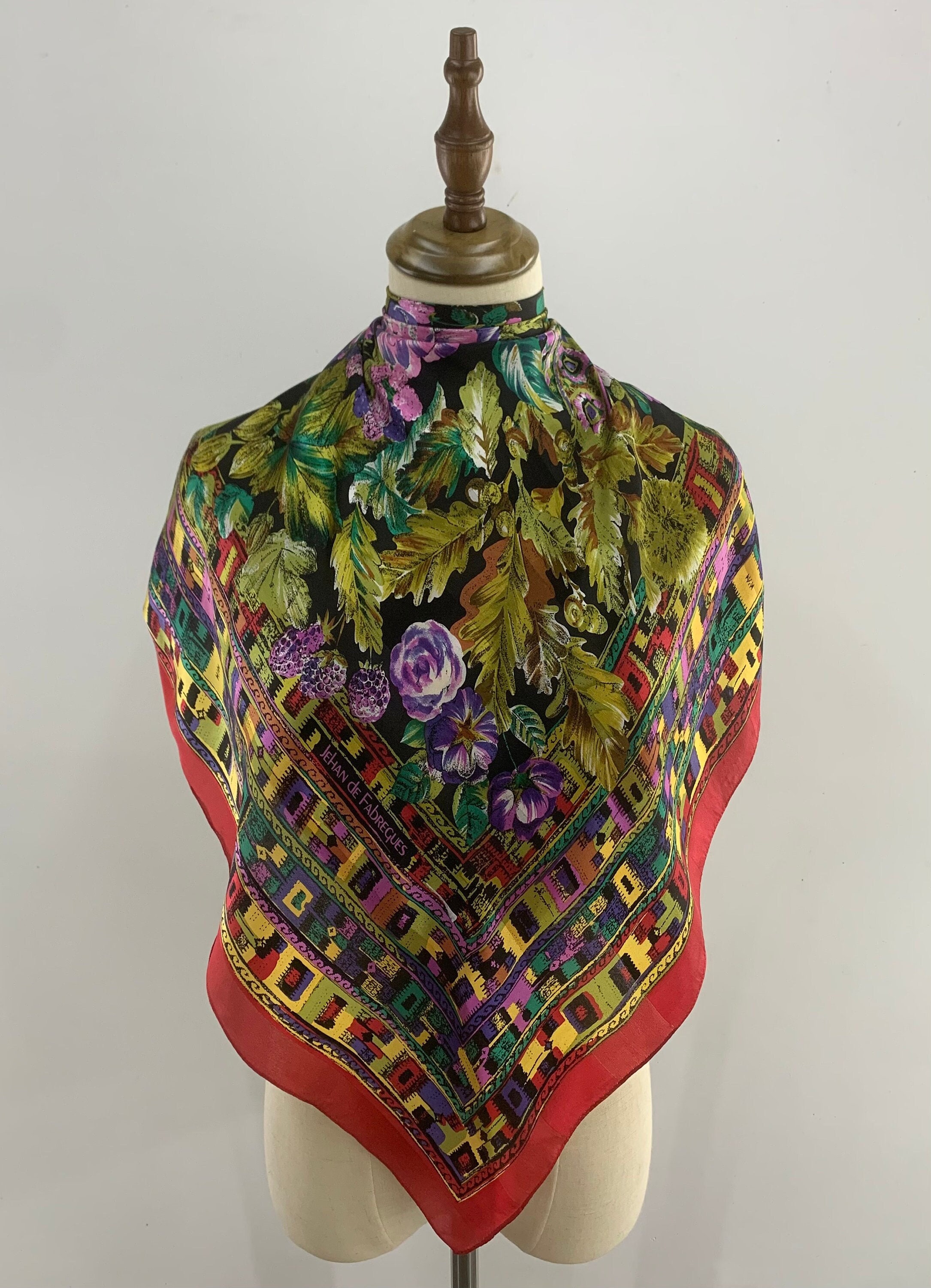 Vintage Jehan De Fabregues Floral Multicolor Silk Scarf Pure