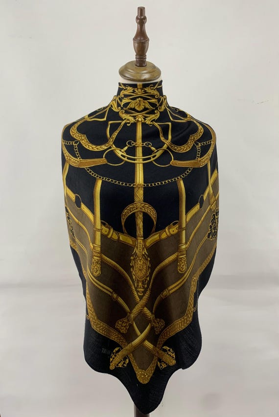 Vintage Trussardi Shawl Scarf Wool Scarves Black Gold  display picture 1