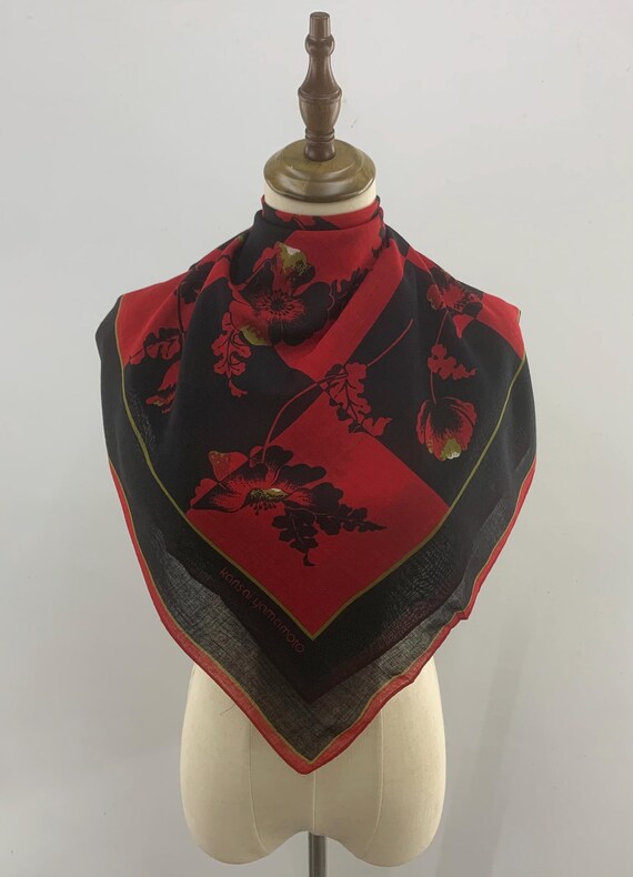 Vintage Kansai Yamamoto Scarf Black Red Floral Print Cotton