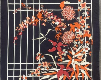 Bufanda vintage de seda Scaasi, pañuelo para la cabeza con estampado floral negro, accesorios para mujer, bufanda cuadrada, pañuelo para el cuello, chal, pañuelos para el cuello