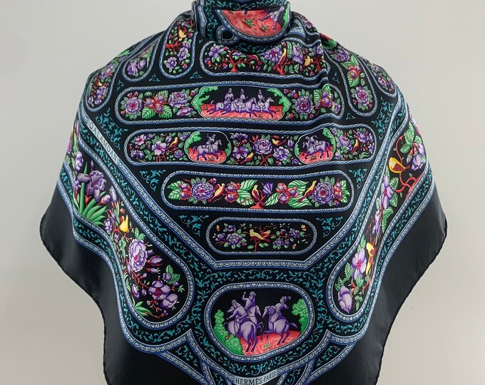 Foulard Vintage Authentique En Soie 100% - Multicolore Motif Géométrique - Occasion Bon État