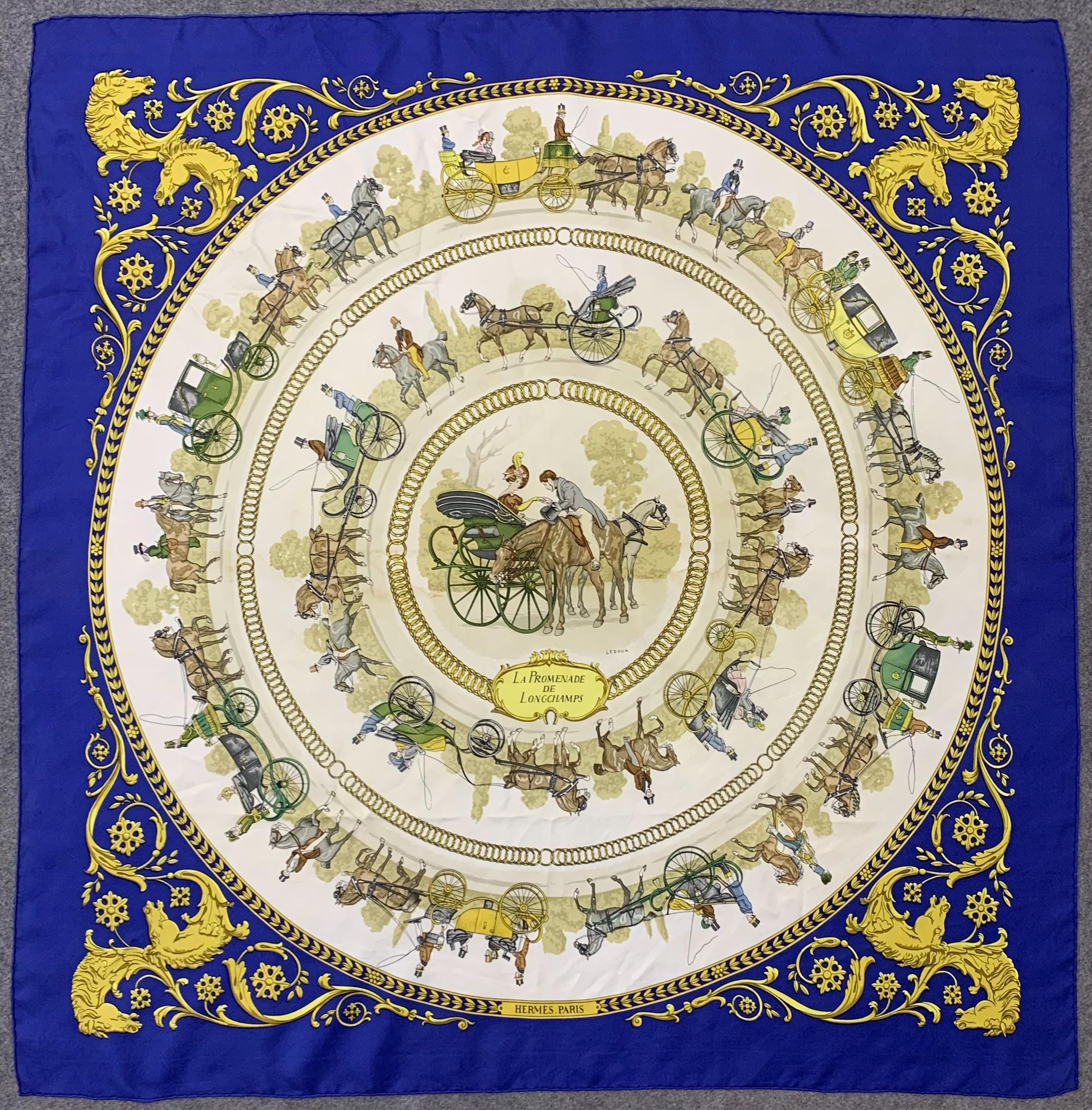 HERMES La Promenade de Longchamps スカーフ Vintage Hermes Silk Scarf La Promenade De Longchamps by Ledoux