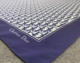 Vintage Christian Dior Silk Scarf Blue Monogram Pattern Head