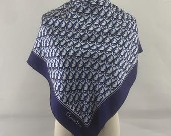 Vintage Christian Dior Silk Scarf Blue Monogram Pattern Head