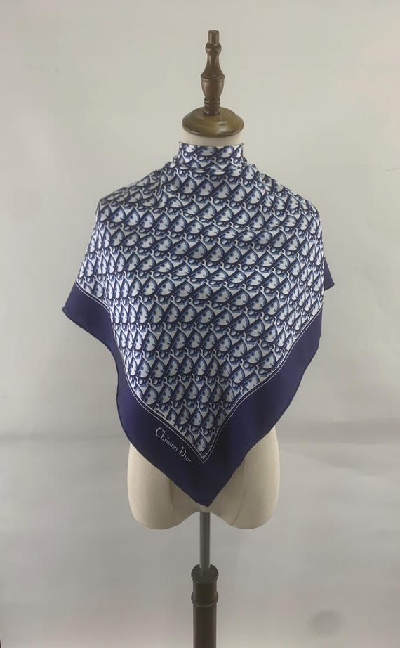 Christian Dior ネイビー スカーフ Vintage Christian Dior Silk Scarf Blue Monogram Pattern Head