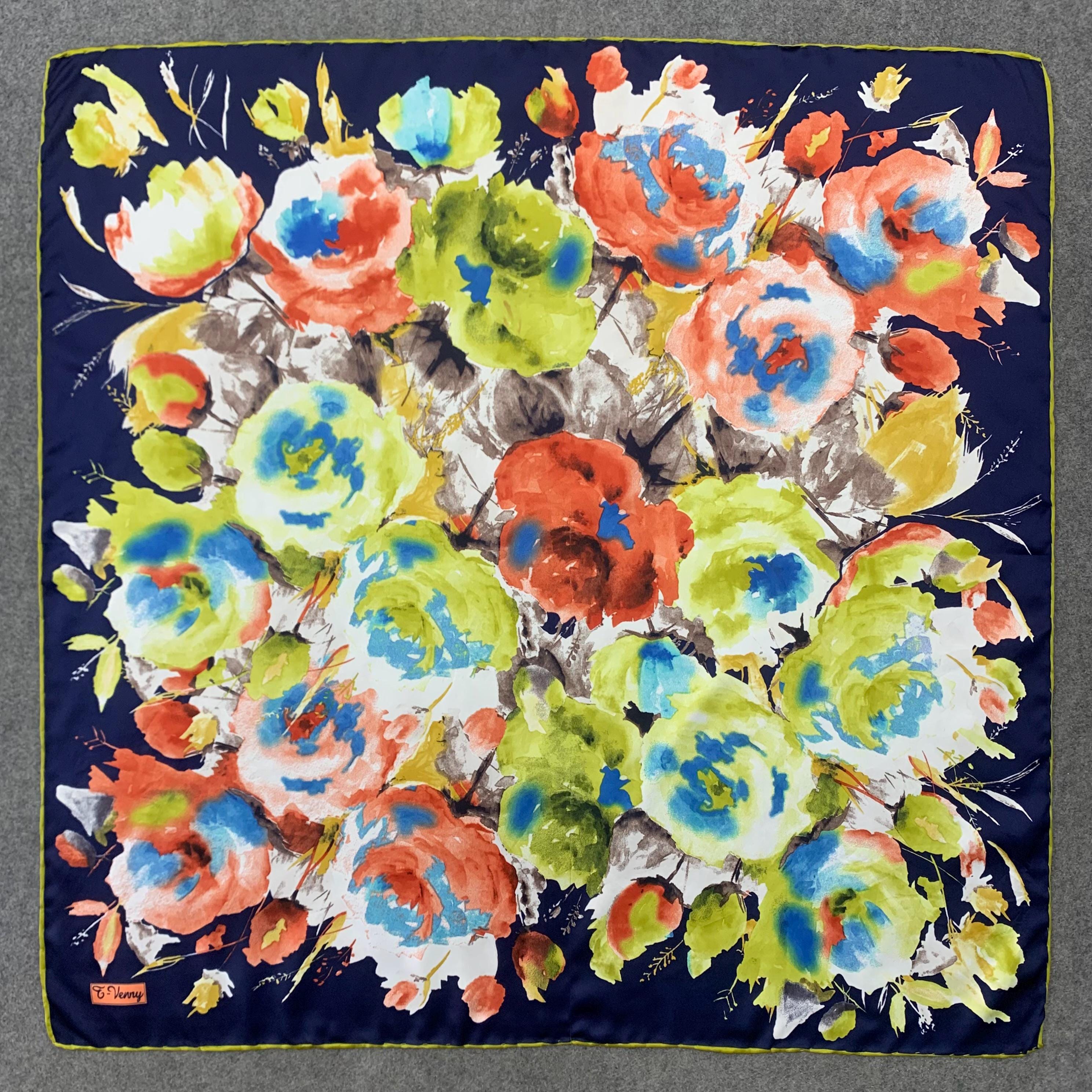 Vintage Scarf Blue Art Floral Flowers Pattern Square Scarves Foulards ...