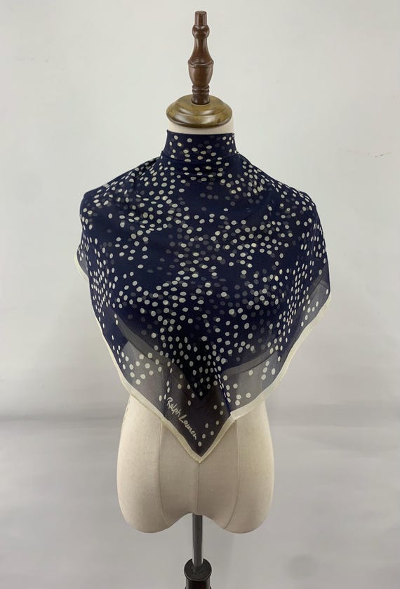 Vintage Ralph Lauren Silk Scarf Blue Polkadot Pattern Women
