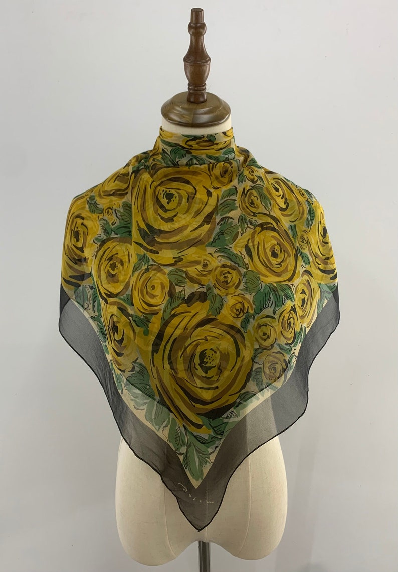 Vintage Bosch Floral Silk Scarf 90cm, Yellow Flowers Print Black Border, Vintage Shawl Square Scarf, Carre Foulards Stole Neckwear image 1