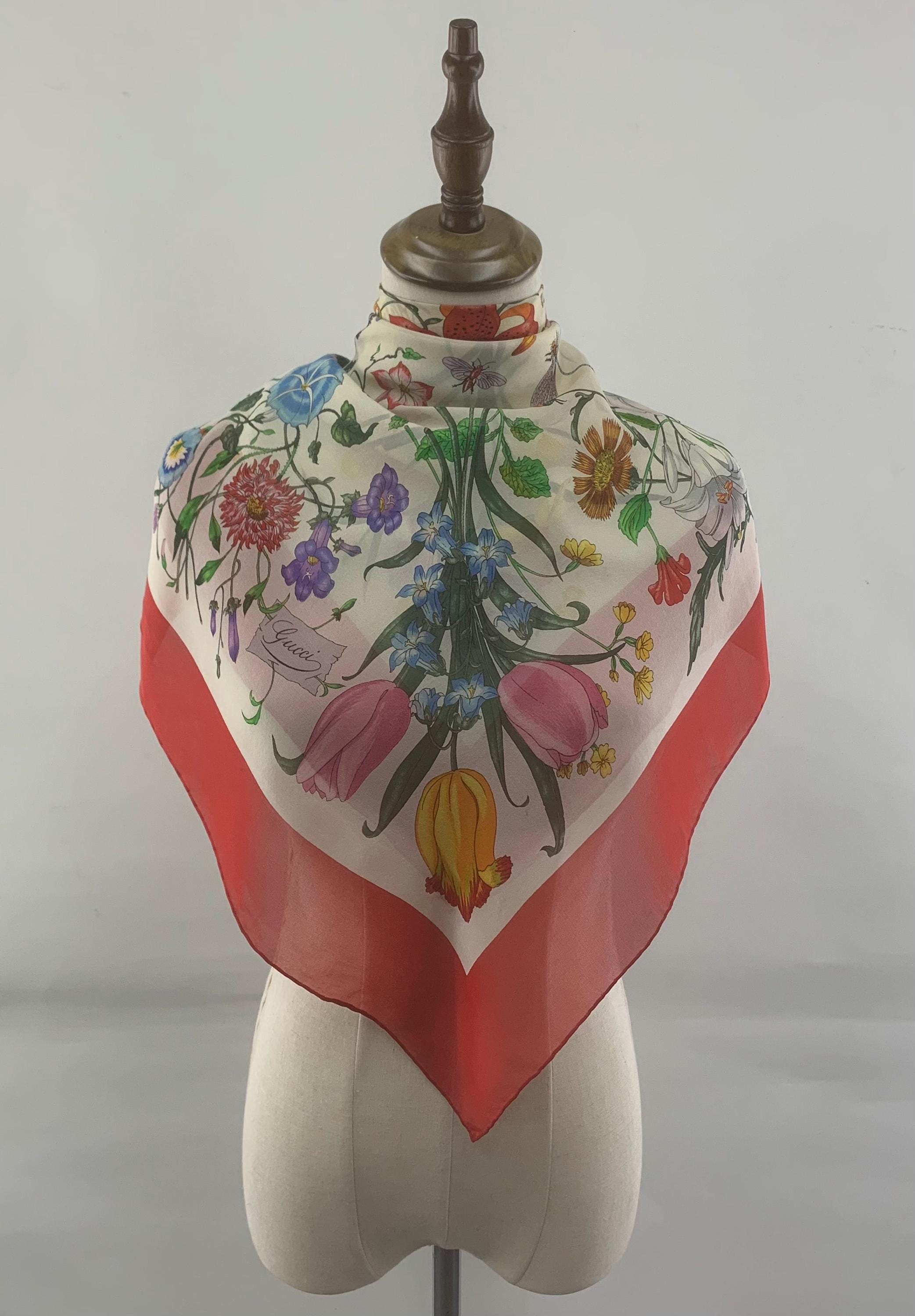 Vintage Gucci Silk Scarf V.accornero Floral Red Scarf Babushka