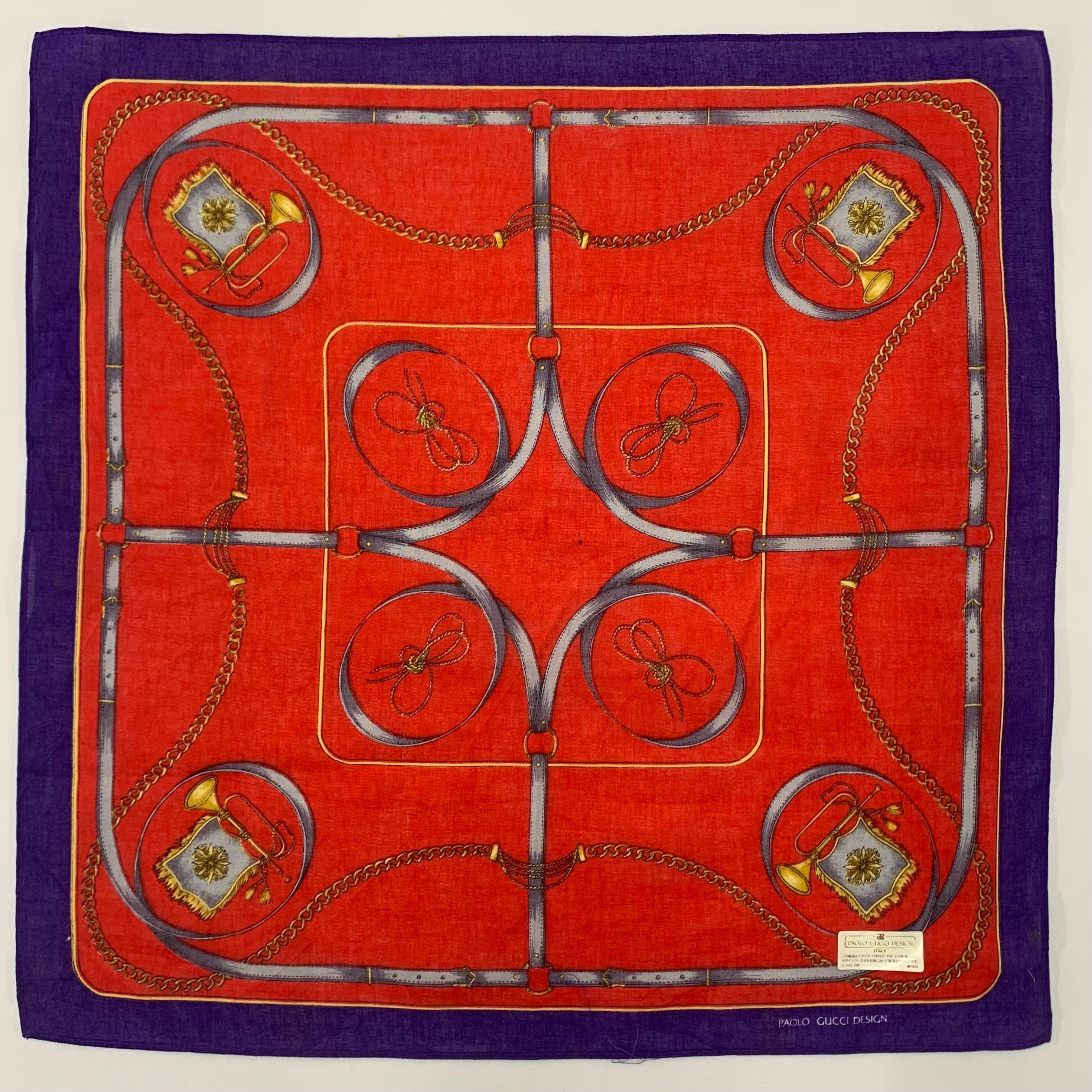 GUCCI ダイアナ Diana スカーフ シルク ゴールドｘレッドｘパープル Vintage Paolo Gucci Red Blue Handkerchief Bandana Unisex
