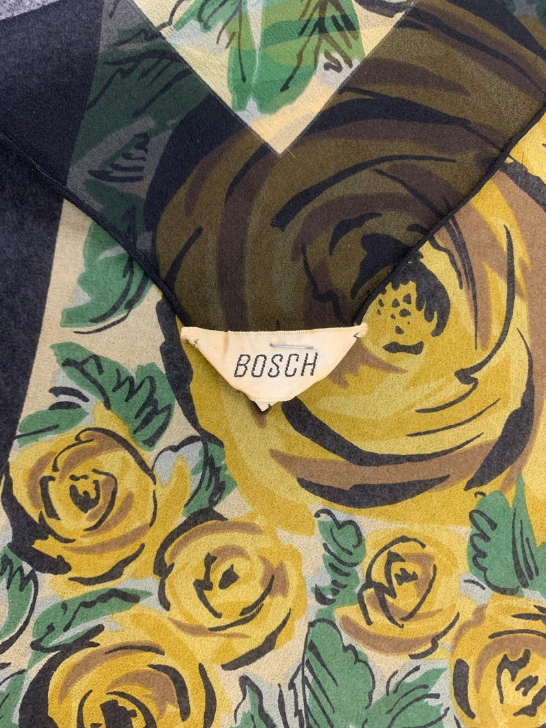 Vintage Bosch Floral Silk Scarf 90cm, Yellow Flowers Print Black Border, Vintage Shawl Square Scarf, Carre Foulards Stole Neckwear zdjęcie 8