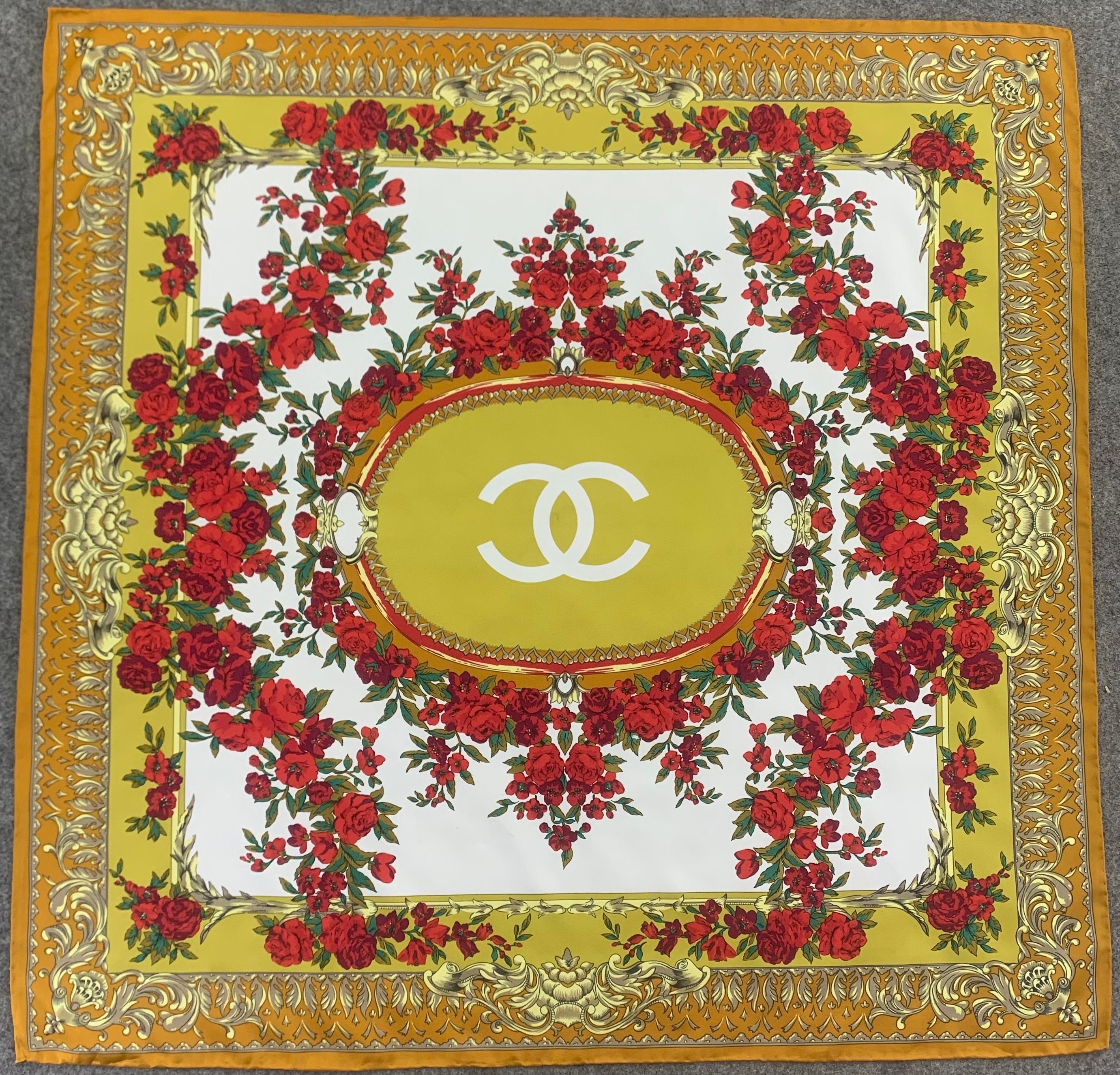 Authentic CHANEL Women's Scarf Cotton Floral Logo 56/56cm!