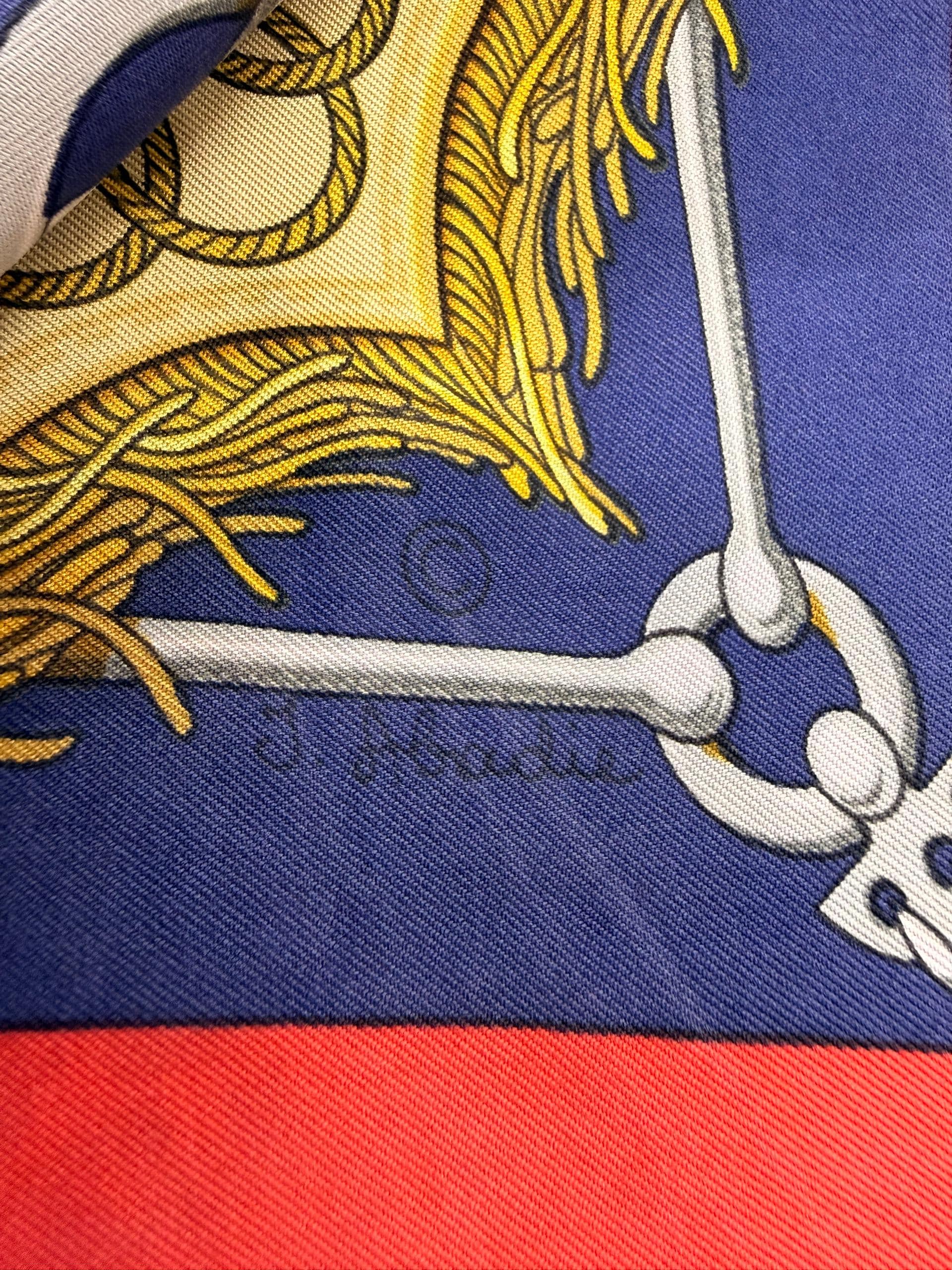 Auth HERMES Scarf Carre 90 cm Cliquetis Sword Motif 100% Silk Blue