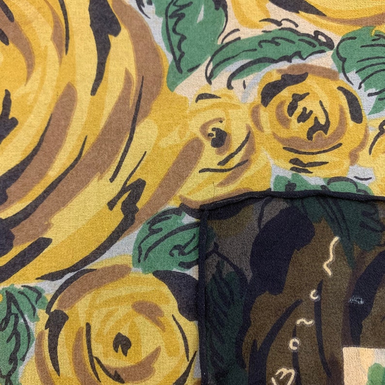 Vintage Bosch Floral Silk Scarf 90cm, Yellow Flowers Print Black Border, Vintage Shawl Square Scarf, Carre Foulards Stole Neckwear zdjęcie 9