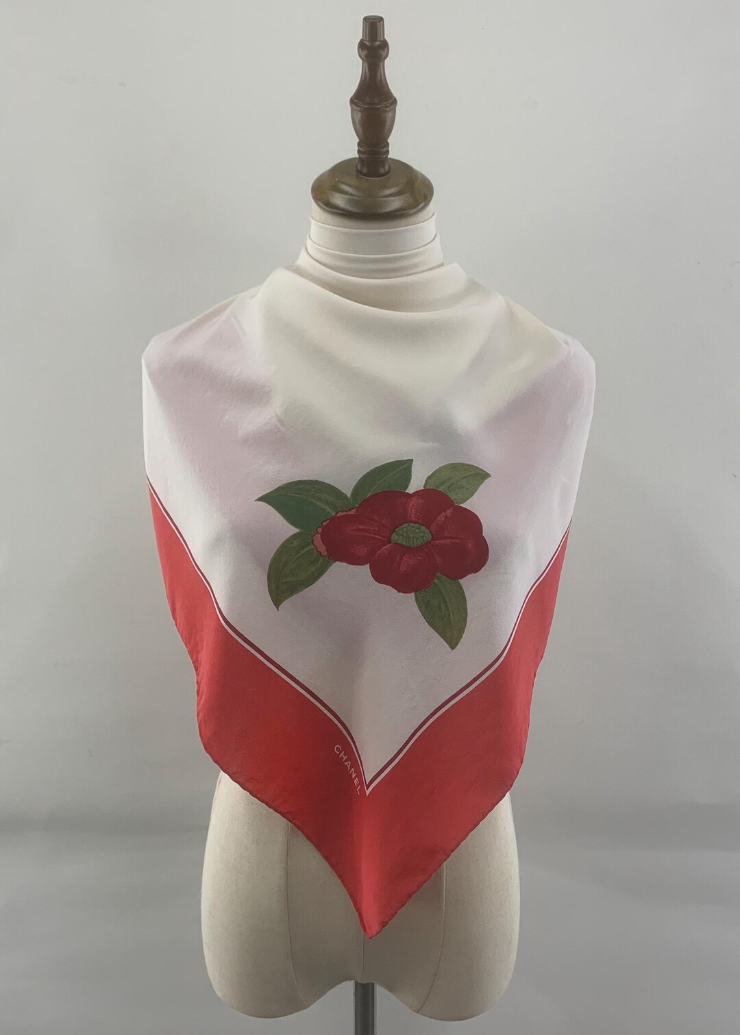 Vintage Chanel Silk Scarf Red Border Flowers Head Scarf Women