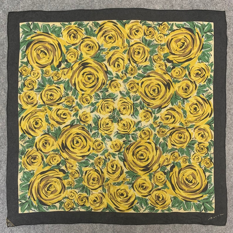 Vintage Bosch Floral Silk Scarf 90cm, Yellow Flowers Print Black Border, Vintage Shawl Square Scarf, Carre Foulards Stole Neckwear image 2