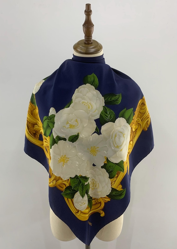 Authentic Chanel Silk Scarf Blue Floral Accessories Women Silk
