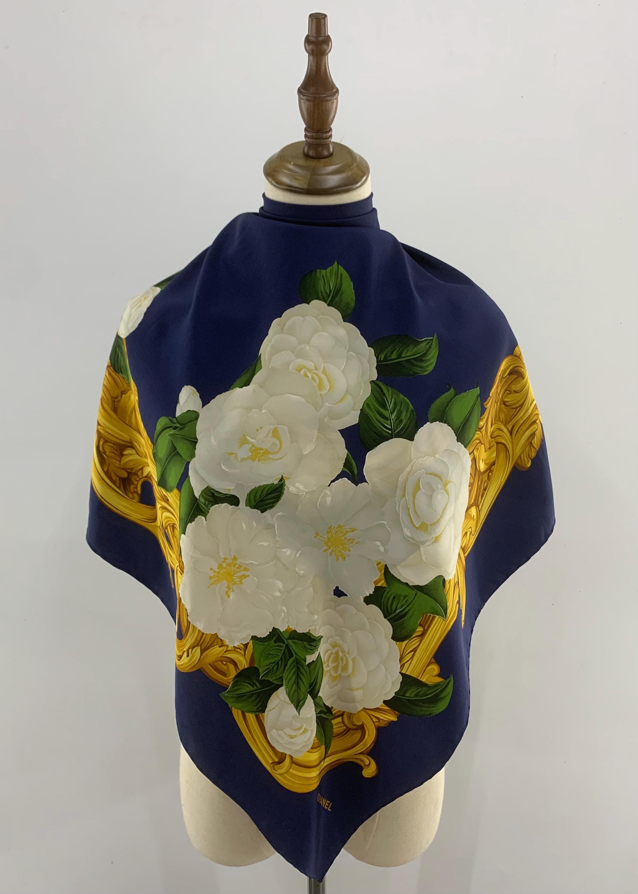 Authentic Chanel Silk Scarf Blue Floral Accessories Women Silk