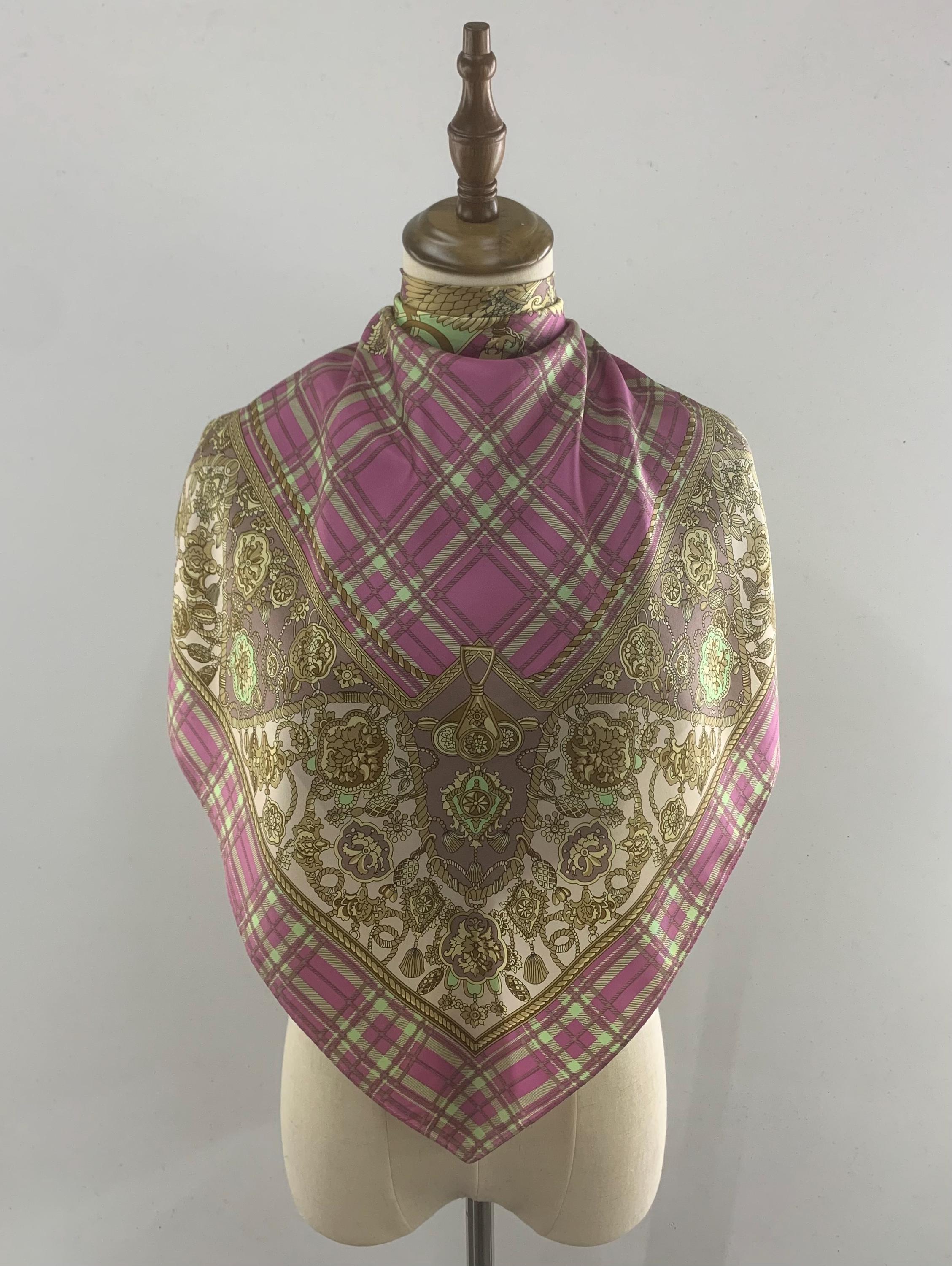Vintage Silk Scarf Pink Plaid Check Pattern Twill Silk Scarves