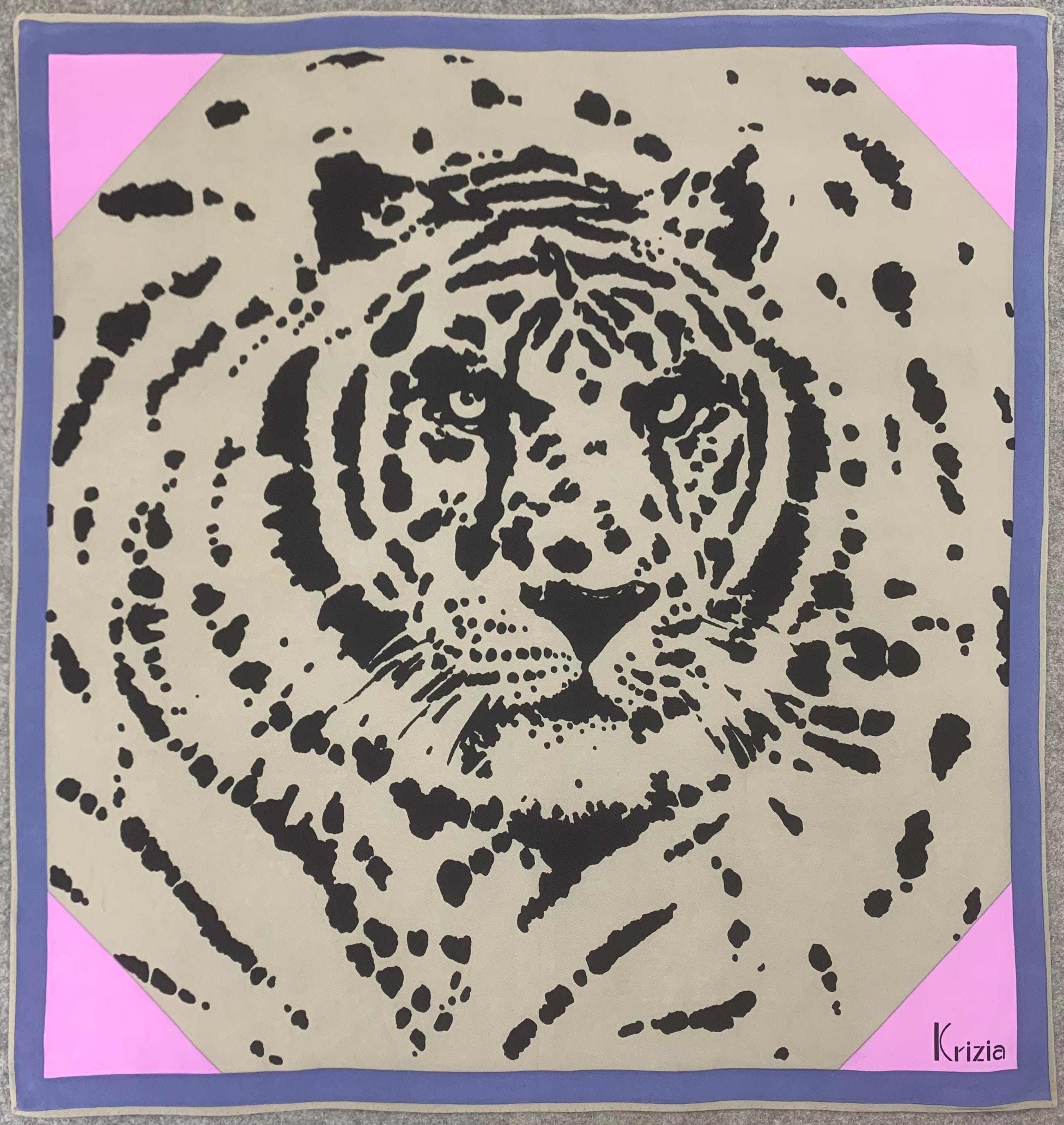 Vintage Krizia Silk Scarf Black Tiger Print Retro Scarves Women