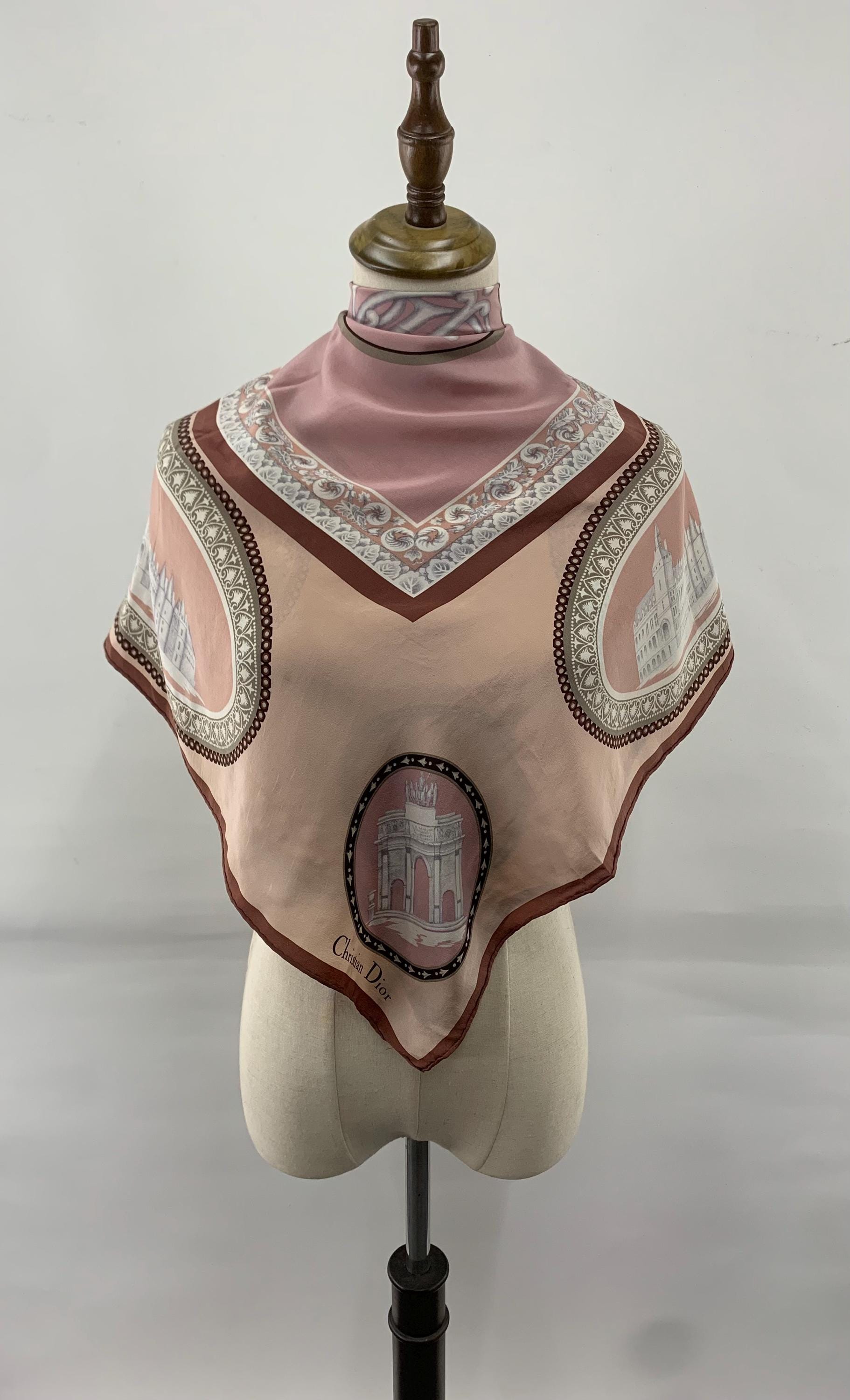 Vintage 90s Christian Dior Silk Scarf Beige Building Print Scarves