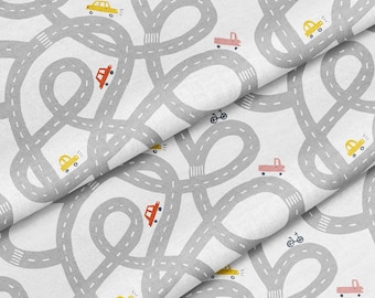 Fabric by the Yard ( Roads Cars Track Racing Print Pattern ) for sewing, crafting, upholstery and D.I.Y projects.