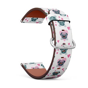Vegan Leather Watch Strap 18mm 20mm 22mm 23mm ( Cute Puppy Pug On Print ) Watch Band Bracelet Strap with Quick Release Pins