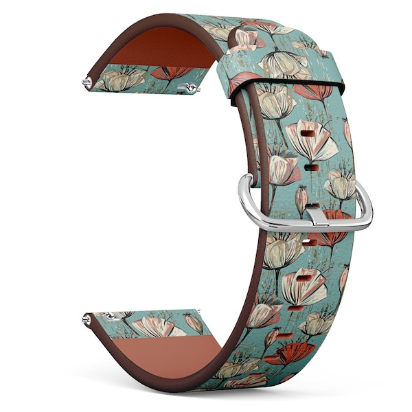 Vegan Leather Watch Strap 18mm 20mm 22mm 23mm ( Colorful Tulips Flowers Icon On Print ) Watch Band Bracelet Strap with Quick Release Pins