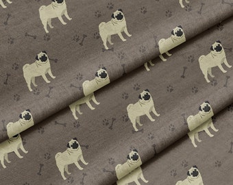 May include: A brown fabric with a repeating pattern of beige pugs and bone shapes. The fabric is folded in thirds, showing the pattern on multiple layers.