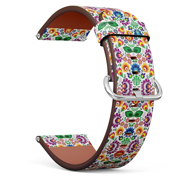Vegan Leather Watch Strap 18mm 20mm 22mm 23mm ( Traditional Floral Polish Folk On Print) Watch Band Bracelet Strap with Quick Release Pins