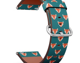 Vegan Leather Watch Strap 18mm 20mm 22mm 23mm ( Cute Foxes Gemotric Icon On Print) Watch Band Bracelet Strap with Quick Release Pins