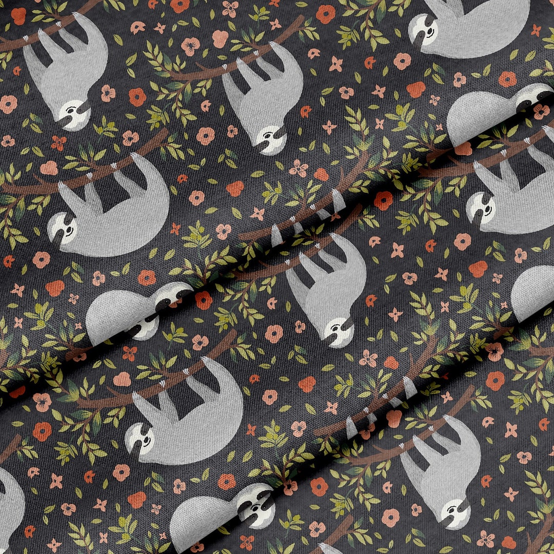 Fabric by the Yard ( Cute Funny Sloth on Tree Rose Lily Daisy Sunflower ...