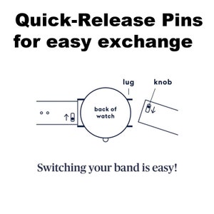 May include: Diagram showing how to use quick-release pins to easily switch watch bands. The diagram shows the back of a watch with a band attached. The band has a knob that is pushed down to release the pin. The pin is then removed from the lug on the watch. The text "Quick-Release Pins for easy exchange" is at the top of the diagram. The text "Switching your band is easy!" is at the bottom of the diagram.