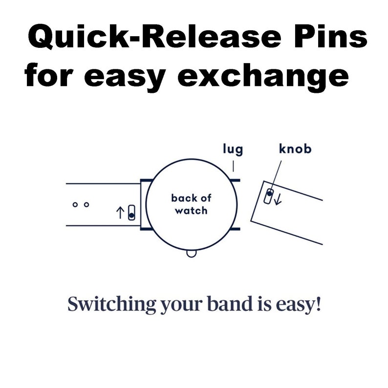 May include: Diagram showing how to use quick-release pins to easily switch watch bands. The diagram shows the back of a watch with a band attached. The band has a knob that is pushed down to release the pin. The pin is then removed from the lug on the watch. The text "Quick-Release Pins for easy exchange" is at the top of the diagram. The text "Switching your band is easy!" is at the bottom of the diagram.