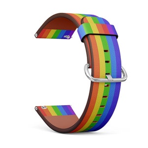 May include: A rainbow-colored watch band with a silver buckle. The band is made of leather and has a rainbow stripe pattern.