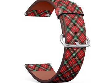 Vegan Leather Watch Strap 18mm 20mm 22mm 23mm ( Red Christmas Tartan Pattern Print ) Watch Band Bracelet Strap with Quick Release Pins