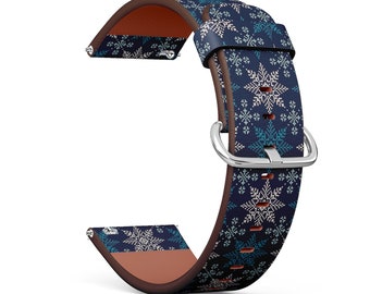 Vegan Leather Watch Strap 18mm 20mm 22mm 23mm ( Winter Holiday Knitted Snowflakes Print ) Watch Band Bracelet Strap with Quick Release Pins