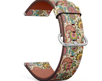 Vegan Leather Watch Strap 18mm 20mm 22mm 23mm ( Paisley Flowers Print ) Watch Band Bracelet Strap with Quick Release Pins