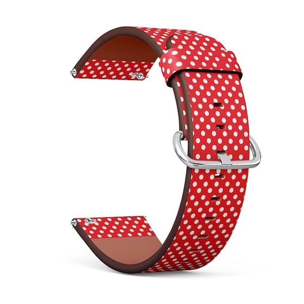 Vegan Leather Watch Strap 18mm 20mm 22mm 23mm ( White Polka Dot Red Patttern On Print ) Watch Band Bracelet Strap with Quick Release Pins