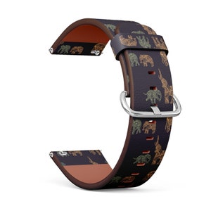 May include: A brown leather watch strap with a pattern of elephants in various shades of brown, green, and yellow. The strap has a silver buckle.