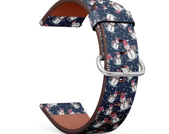Vegan Leather Watch Strap 18mm 20mm 22mm 23mm ( Cute Snowman Pattern ) Watch Band Bracelet Strap with Quick Release Pins