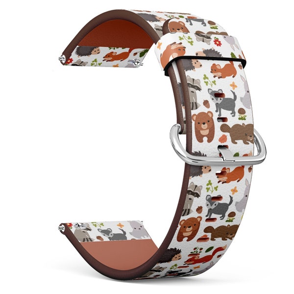 Vegan Leather Watch Strap 18mm 20mm 22mm 23mm ( Cute Forest Animals On Print) Watch Band Bracelet Strap with Quick Release Pins
