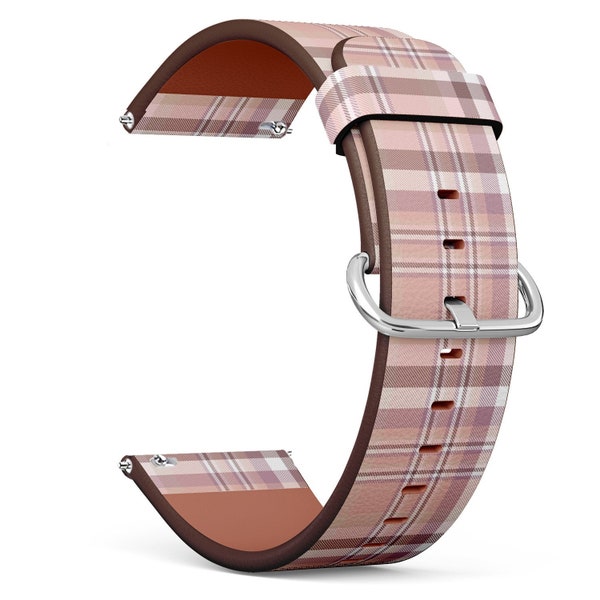 Bracelet de montre en cuir végétalien 18mm 20mm 22mm 23mm (Plaid Check Pink Pale Pattern On Print) Bracelet bracelet de bracelet de montre avec broches à dégagement rapide