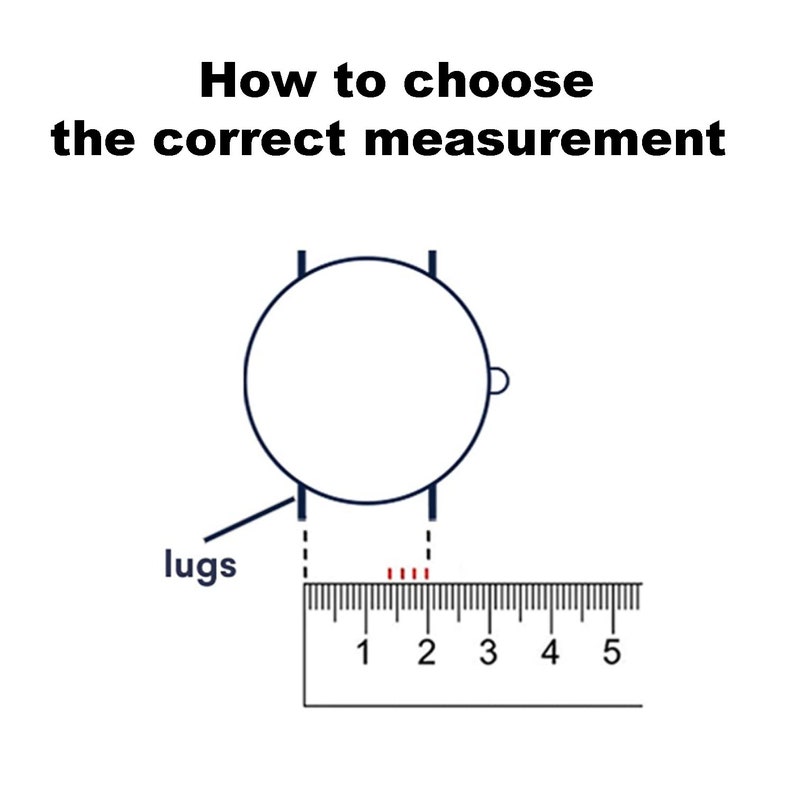 May include: Diagram showing how to measure the lug width of a watch. The diagram shows a watch face with two lugs on either side. A ruler is shown below the watch face with markings from 1 to 5. The text "lugs" is written below the watch face.