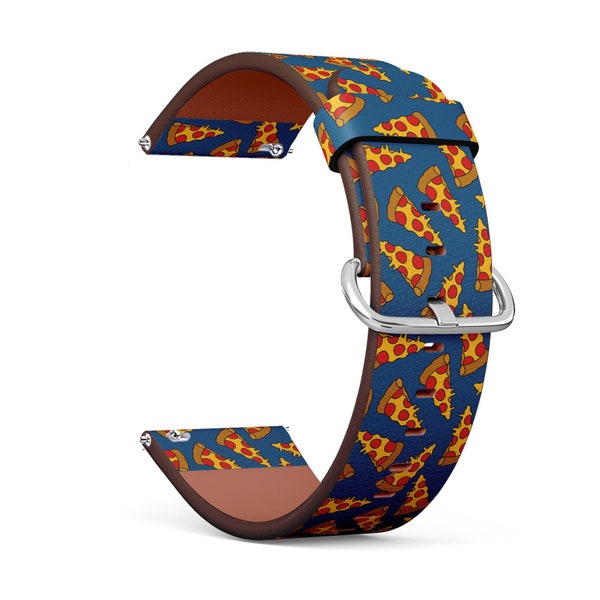 Vegan Leather Watch Strap 18mm 20mm 22mm 23mm ( Doodle Pizza On Print ) Watch Band Bracelet Strap with Quick Release Pins