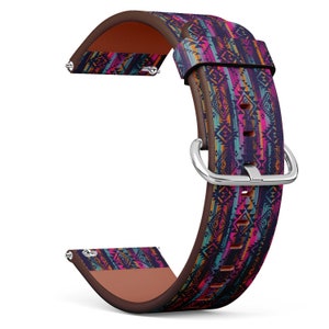 May include: A colorful watch band with a geometric pattern in shades of purple, teal, orange, and pink. The band has a brown leather backing and a silver buckle. The watch band is designed to fit a standard watch.
