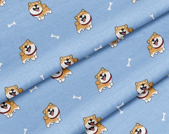 May include: A light blue fabric with a repeating pattern of brown Shiba Inu dogs and white bone shapes.